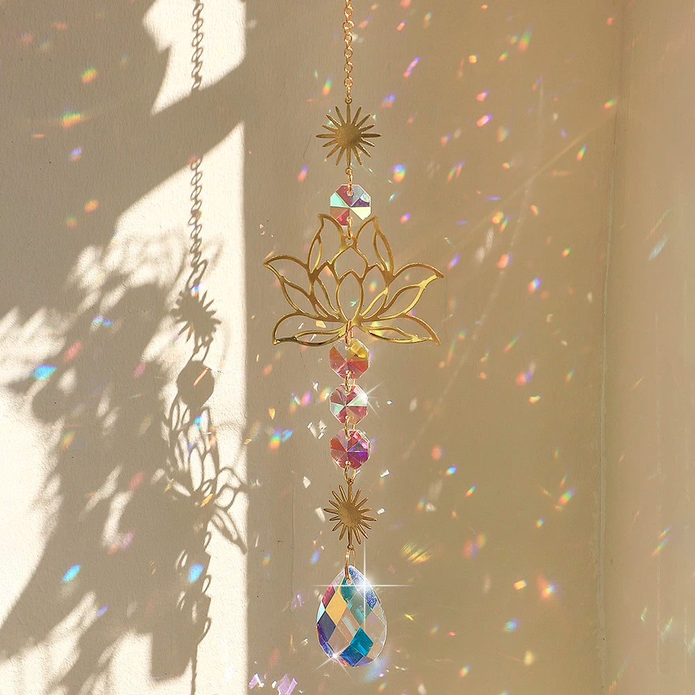 Lotus Sun Catcher Crystals Rainbow Hanging Suncatcher Chakra Light Catcher Stained Glass Prism Window Outdoor Garden Decoration