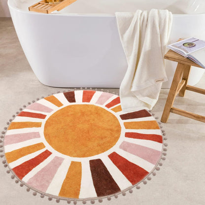 Retro Sun round Rug 90Cm, Non Slip Area Rugs for Bedroom Soft Machine Washable Rugs Living Room Indoor Door Mat with Pom Poms Fringe Circle Entryway Rug for Bedroom Living Dining Room