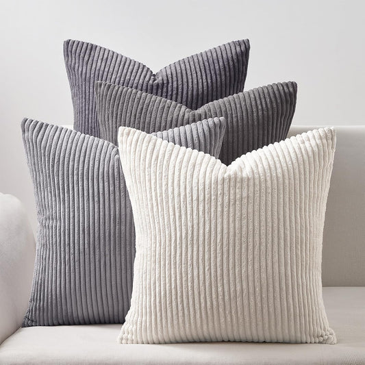 Grey Cushion Covers 50Cm X 50Cm Winter Sofa Bed Colorful Cushions Soft Pillow Case 20X20 Corduroy Scatter Decorative Cushions Pillow Cover for Livingroom Bedroom Invisible Zipper,Set of 4