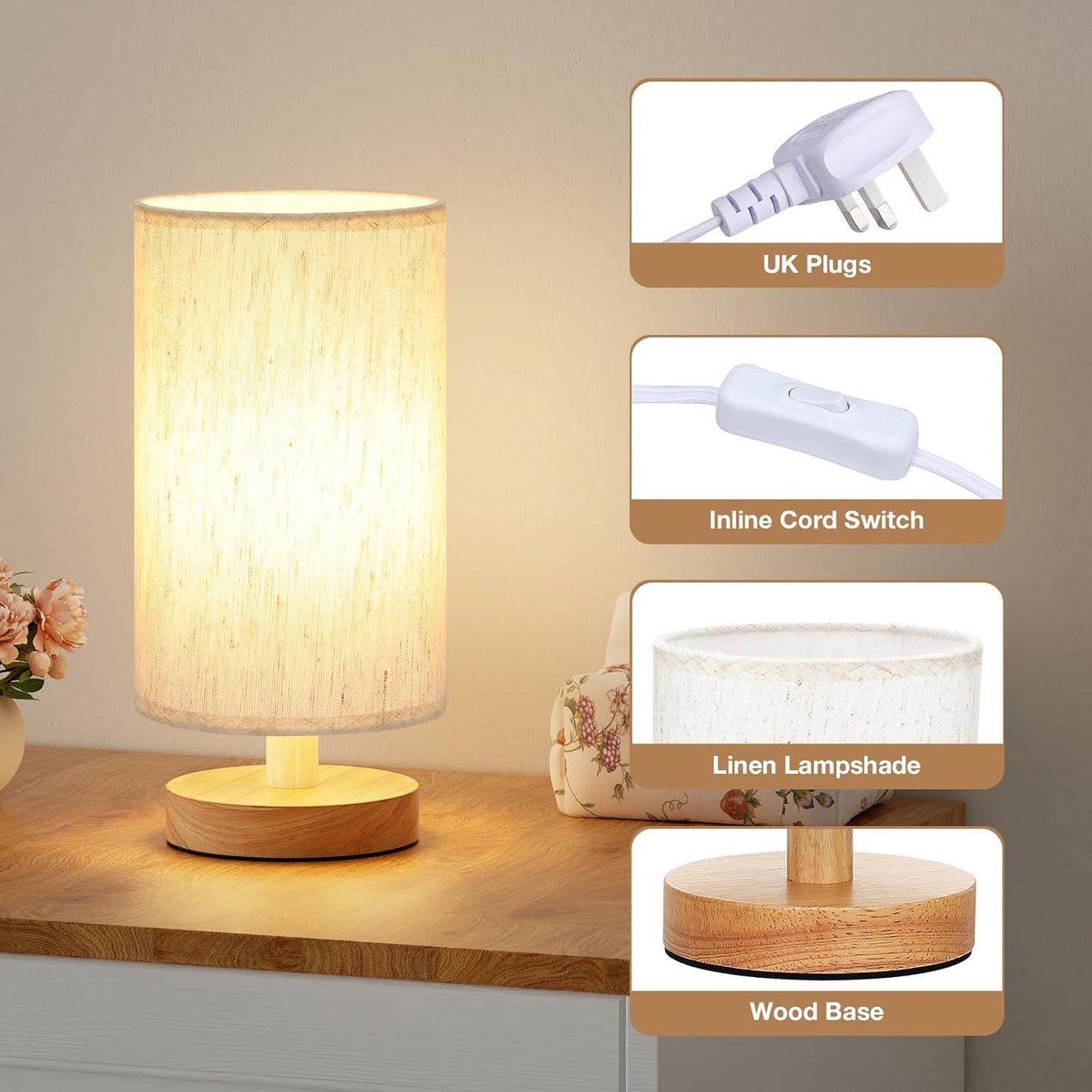 Bedside Lamps, 3000K Warm White Table Lamp, Small Lamps for Living Room - Simple Bed Lamp Desk Lamps with Button Switch for Kids Room, Study, Dorm, Office, Shelves(Bulb Included)