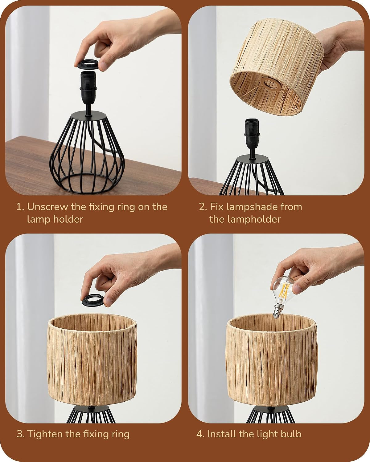 Small Rattan Table Lamp, Industrial Bedside Lamp, Handwoven Lampshade, Boho Lamps for Living Room, Bedroom, 2700K LED Bulb Included, Wrinkled Lampshade