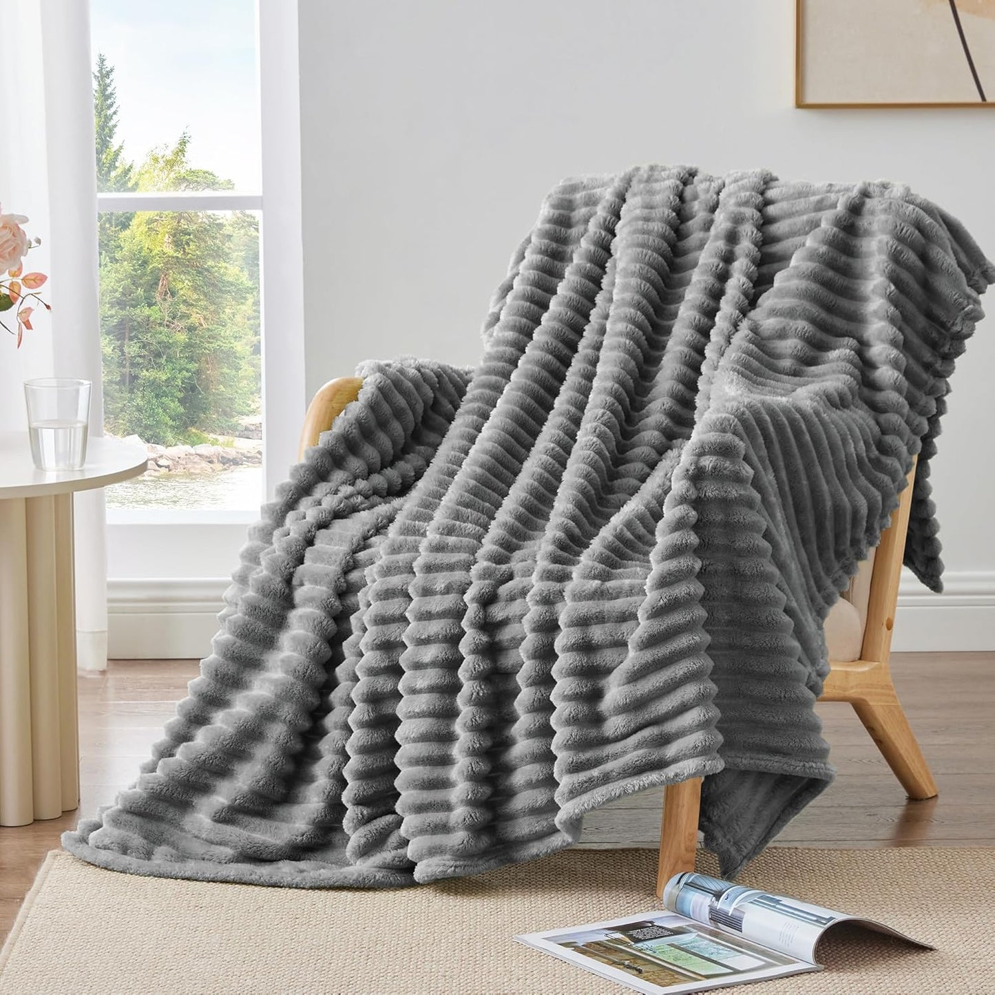 Fluffy Fleece Throw Blanket, Striped Decorative Soft Warm Gift for Sofa Bed Couch, Twin Size, Grey