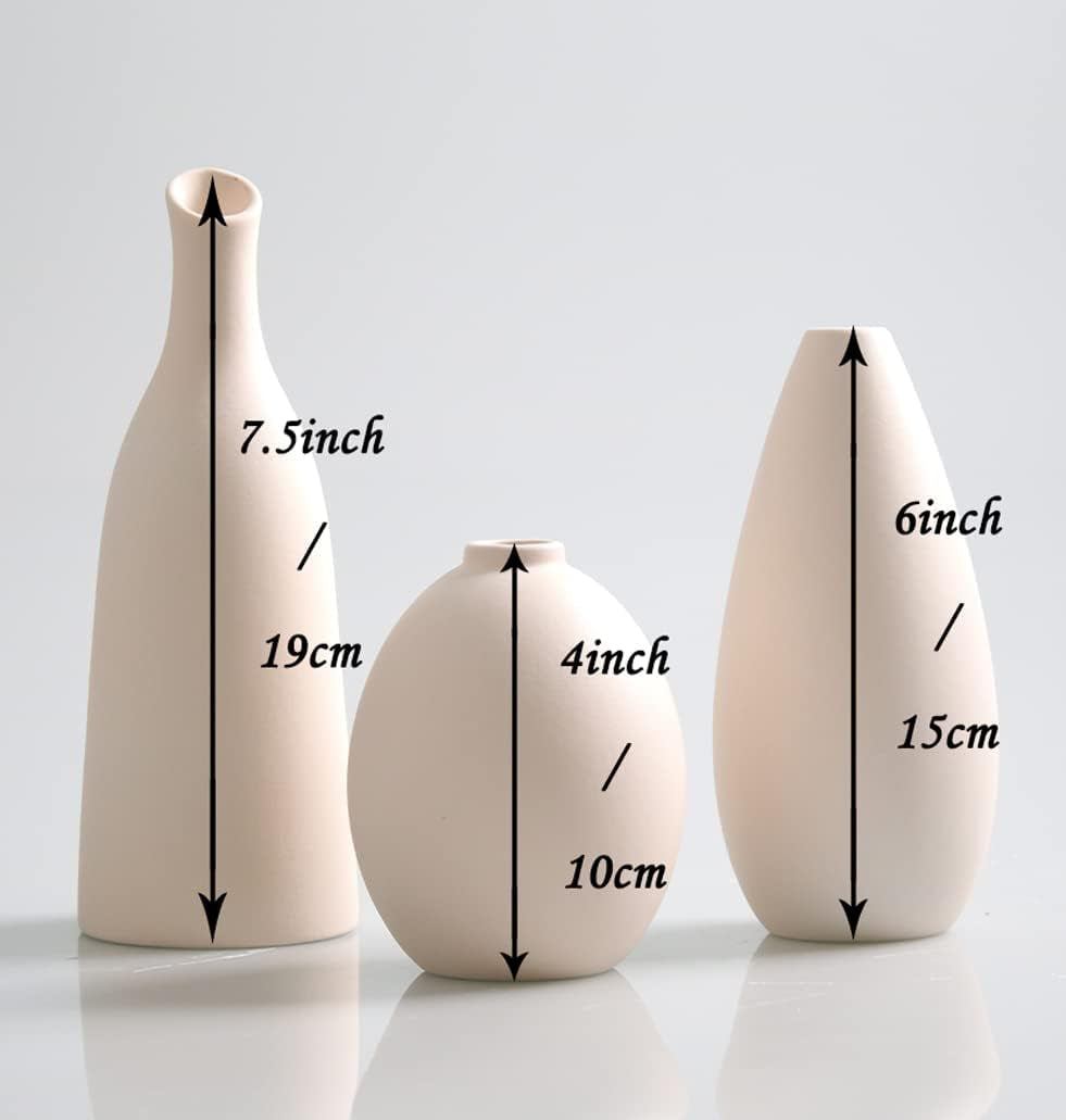 Set of 3 Small Ceramic Bud Vases for Home Decor & Table Centerpieces, Rustic Farmhouse Style Flower Vases, Mini Decorative Vase for Single Flowers, Matt Beige