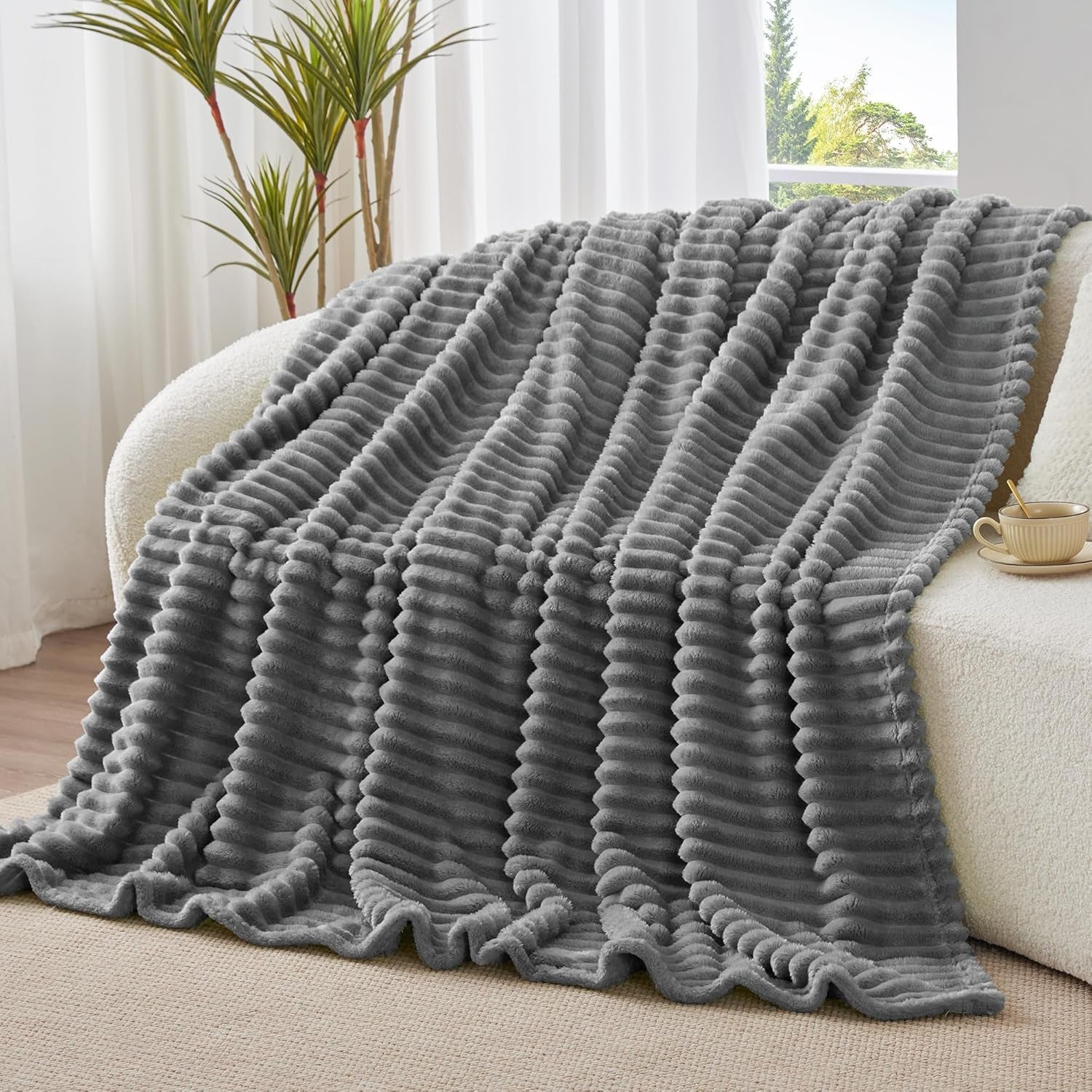 Fluffy Fleece Throw Blanket, Striped Decorative Soft Warm Gift for Sofa Bed Couch, Twin Size, Grey