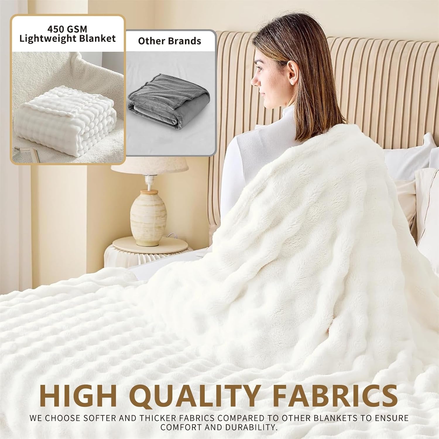 Fleece Throw Blanket White Bubble Faux Fur Fluffy Bed Blanket Super Cosy Warm Large Blanket for Bed Sofa Couch Home Decor, 100X160Cm