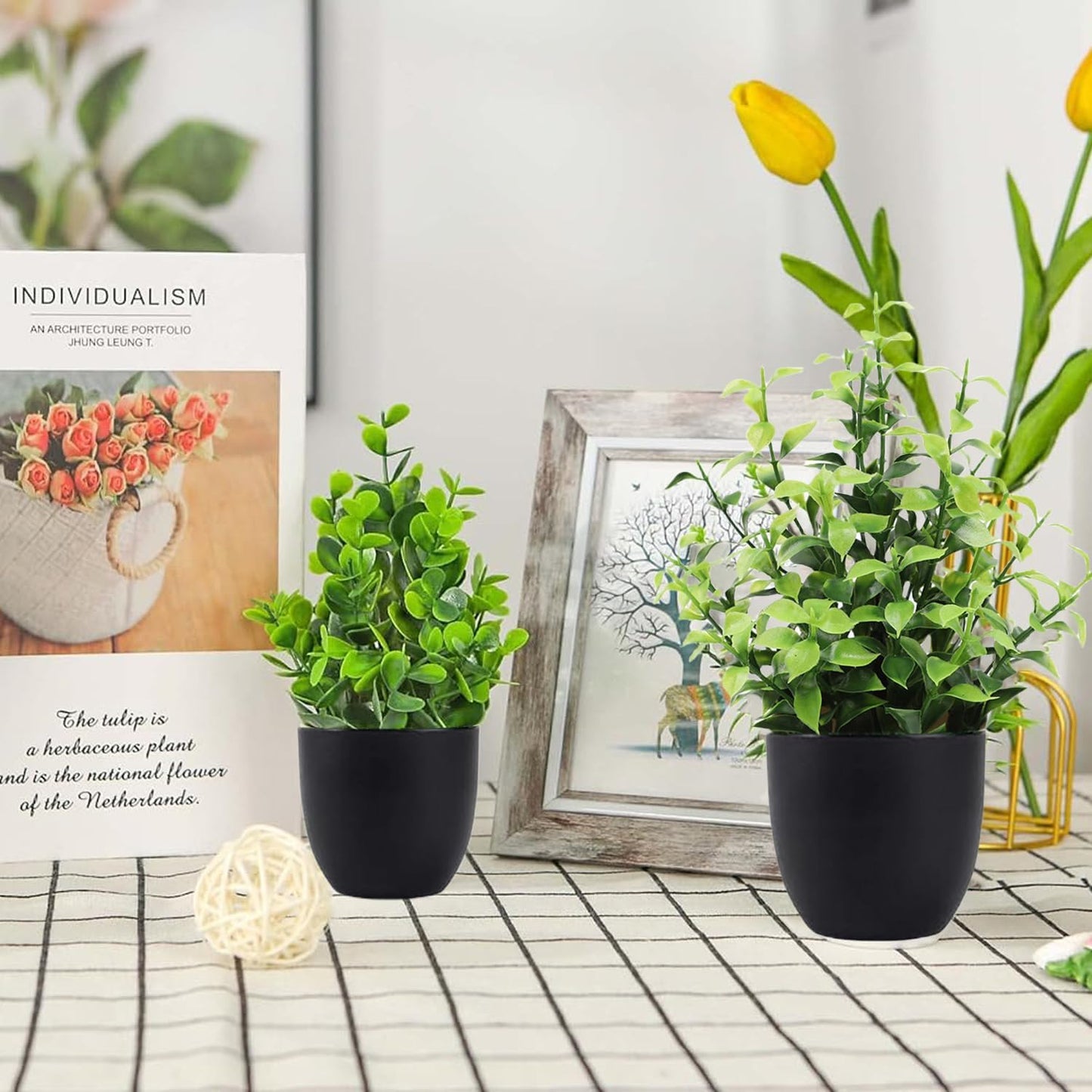 4Pcs Fake Plants Pots, Small Artificial Plants Indoor Outdoor, Desk Plants Mini Plant Pots for Desktop, Bathroom, Home Decor, 4 Different Shaped Plastic Plants
