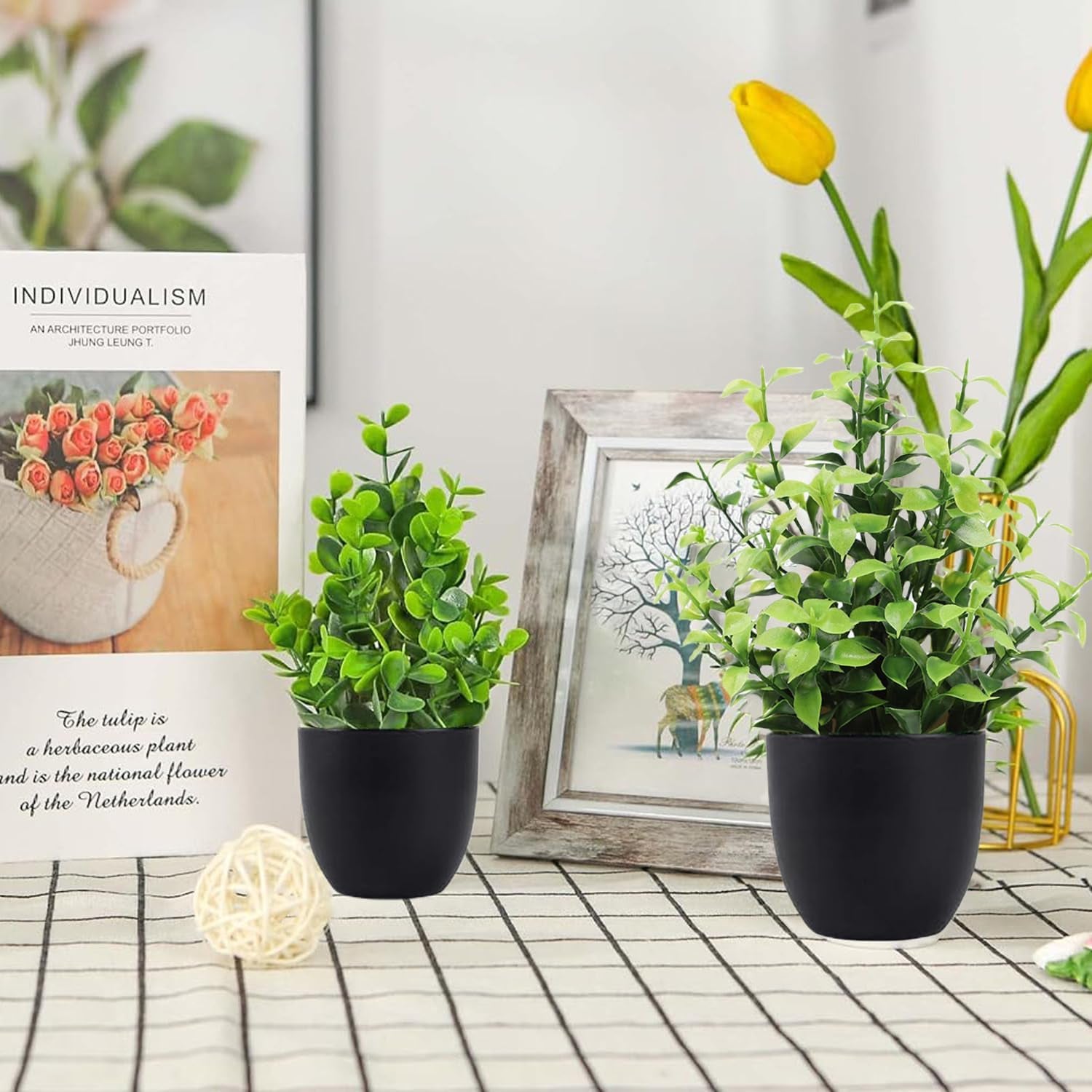 4Pcs Fake Plants Pots, Small Artificial Plants Indoor Outdoor, Desk Plants Mini Plant Pots for Desktop, Bathroom, Home Decor, 4 Different Shaped Plastic Plants