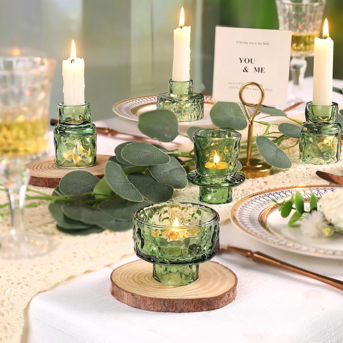 6 Packs Taper Candle Holders, Green Glass Candlestick Holders, Candle Sticks Tea Light Candle Holders for Dinner Wedding Christmas Table Centrepiece