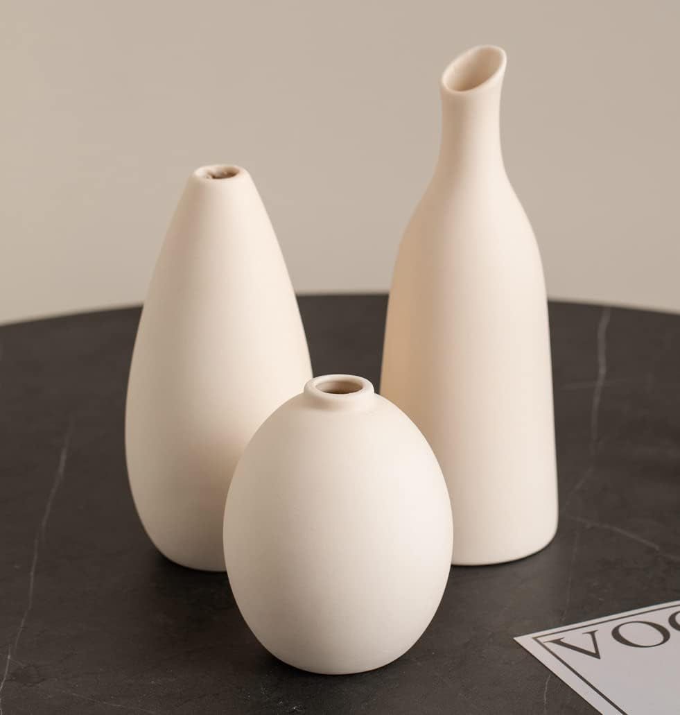 Set of 3 Small Ceramic Bud Vases for Home Decor & Table Centerpieces, Rustic Farmhouse Style Flower Vases, Mini Decorative Vase for Single Flowers, Matt Beige