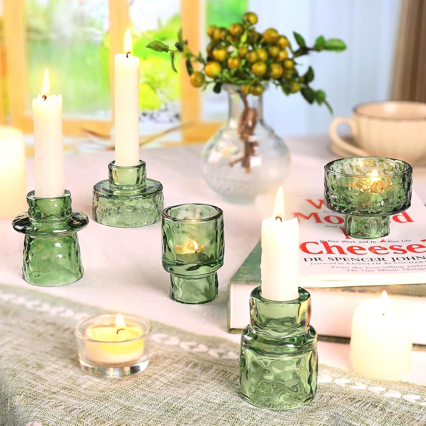 6 Packs Taper Candle Holders, Green Glass Candlestick Holders, Candle Sticks Tea Light Candle Holders for Dinner Wedding Christmas Table Centrepiece