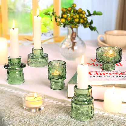 6 Packs Taper Candle Holders, Green Glass Candlestick Holders, Candle Sticks Tea Light Candle Holders for Dinner Wedding Christmas Table Centrepiece