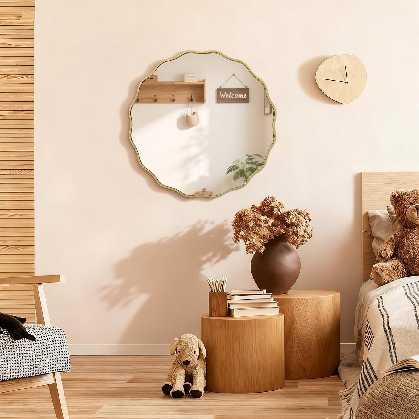 Gold Mirrors with Wavy Framed Wooden round Wall Mirror Home Decor 60Cm for Bedroom Living Room Entryway Bathroom
