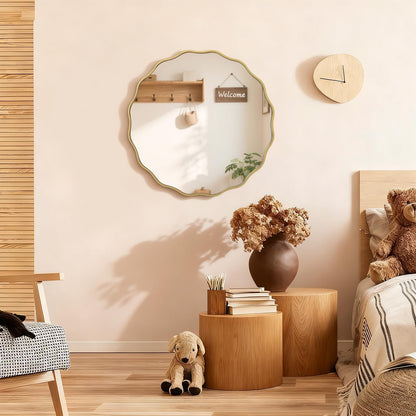Gold Mirrors with Wavy Framed Wooden round Wall Mirror Home Decor 60Cm for Bedroom Living Room Entryway Bathroom