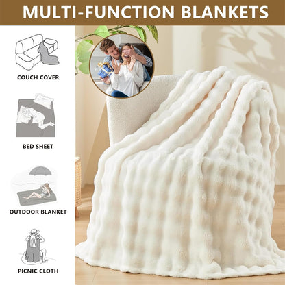 Fleece Throw Blanket White Bubble Faux Fur Fluffy Bed Blanket Super Cosy Warm Large Blanket for Bed Sofa Couch Home Decor, 100X160Cm