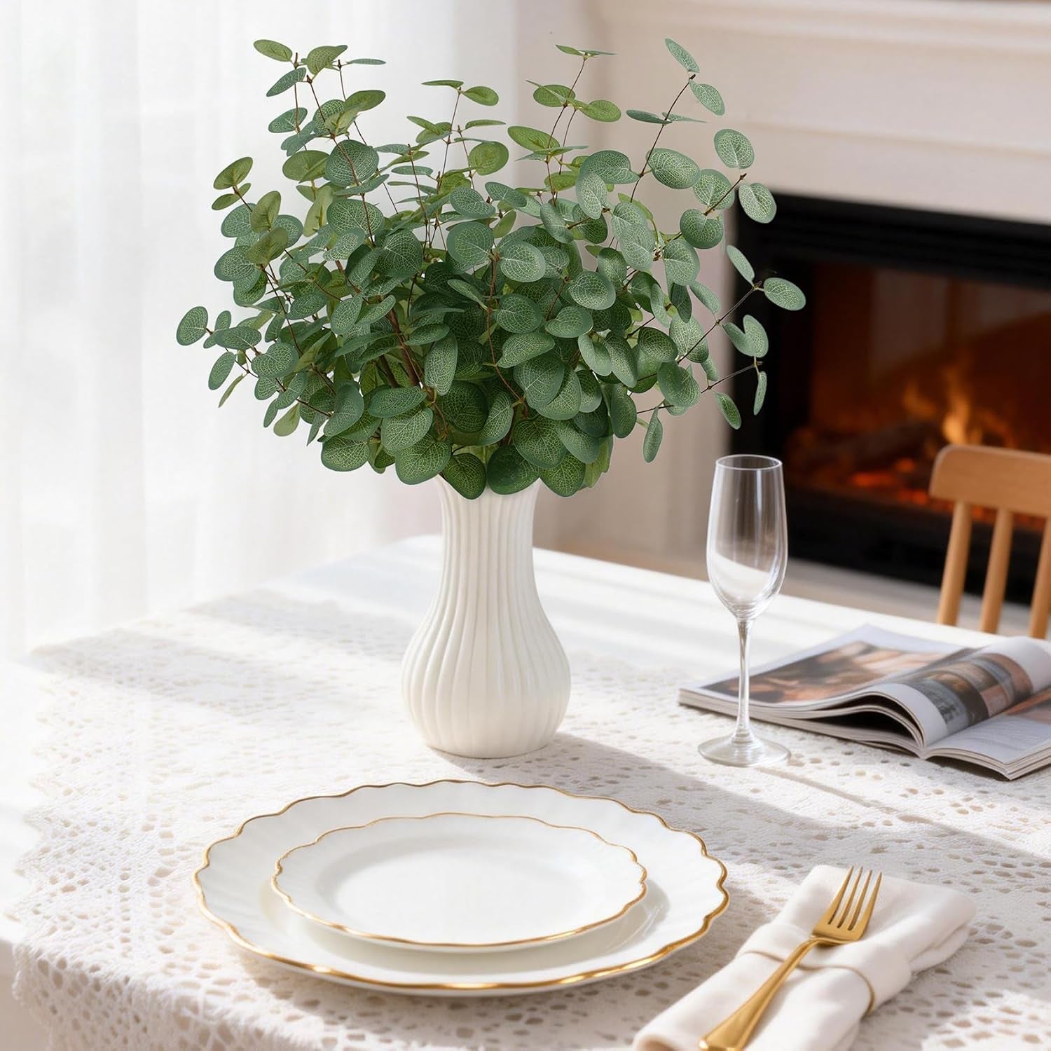 6 Bunches Artificial Eucalyptus Stems Leaves, Faux Silk Eucalyptus Artificial Flowers, Fake Green Foliage Greenery for Flower Arrangement Home Wedding Party Decoration