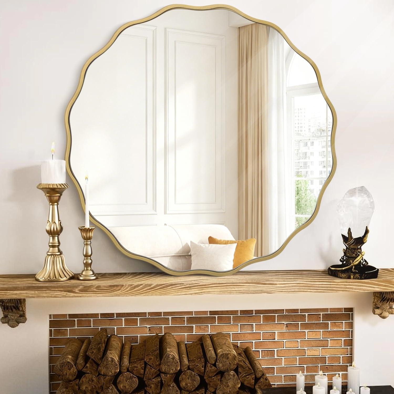 Gold Mirrors with Wavy Framed Wooden round Wall Mirror Home Decor 60Cm for Bedroom Living Room Entryway Bathroom