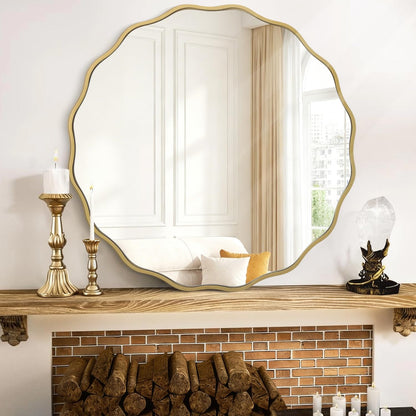 Gold Mirrors with Wavy Framed Wooden round Wall Mirror Home Decor 60Cm for Bedroom Living Room Entryway Bathroom