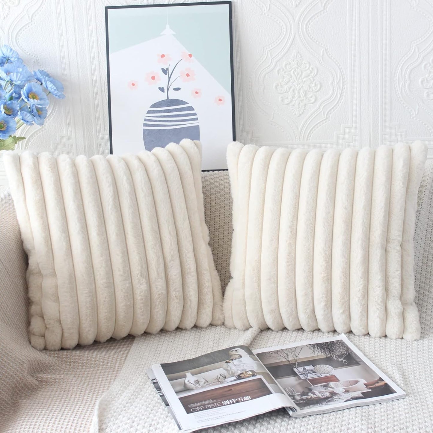 Beige Cushion Covers 45 X 45 Fluffy Faux Fur Cushion Covers 18X18 Set of 2 Pillow Covers Soft Plush Pillowcases for Sofa Bed Moroccan Style Home Decor Cushion Cover