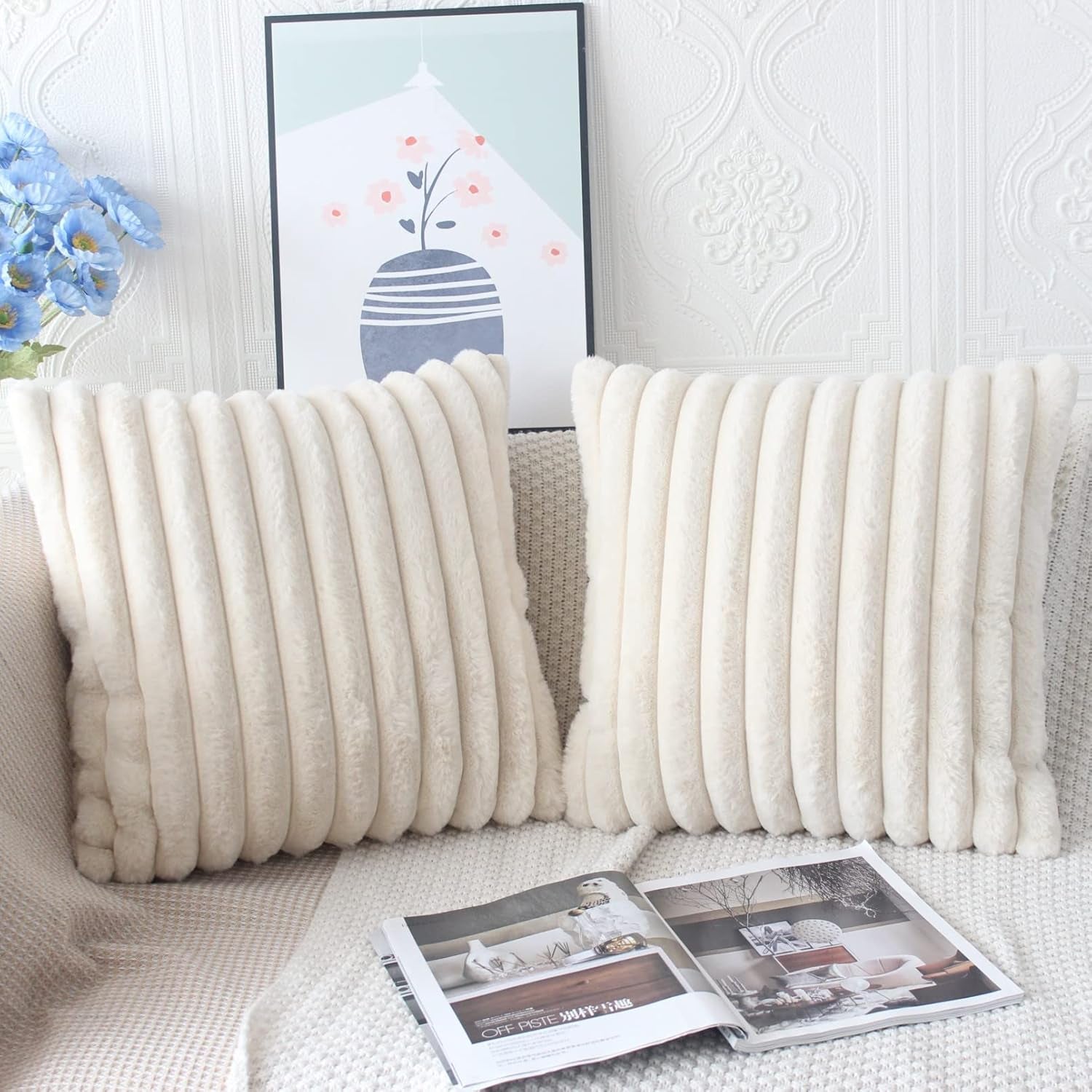 Beige Cushion Covers 45 X 45 Fluffy Faux Fur Cushion Covers 18X18 Set of 2 Pillow Covers Soft Plush Pillowcases for Sofa Bed Moroccan Style Home Decor Cushion Cover