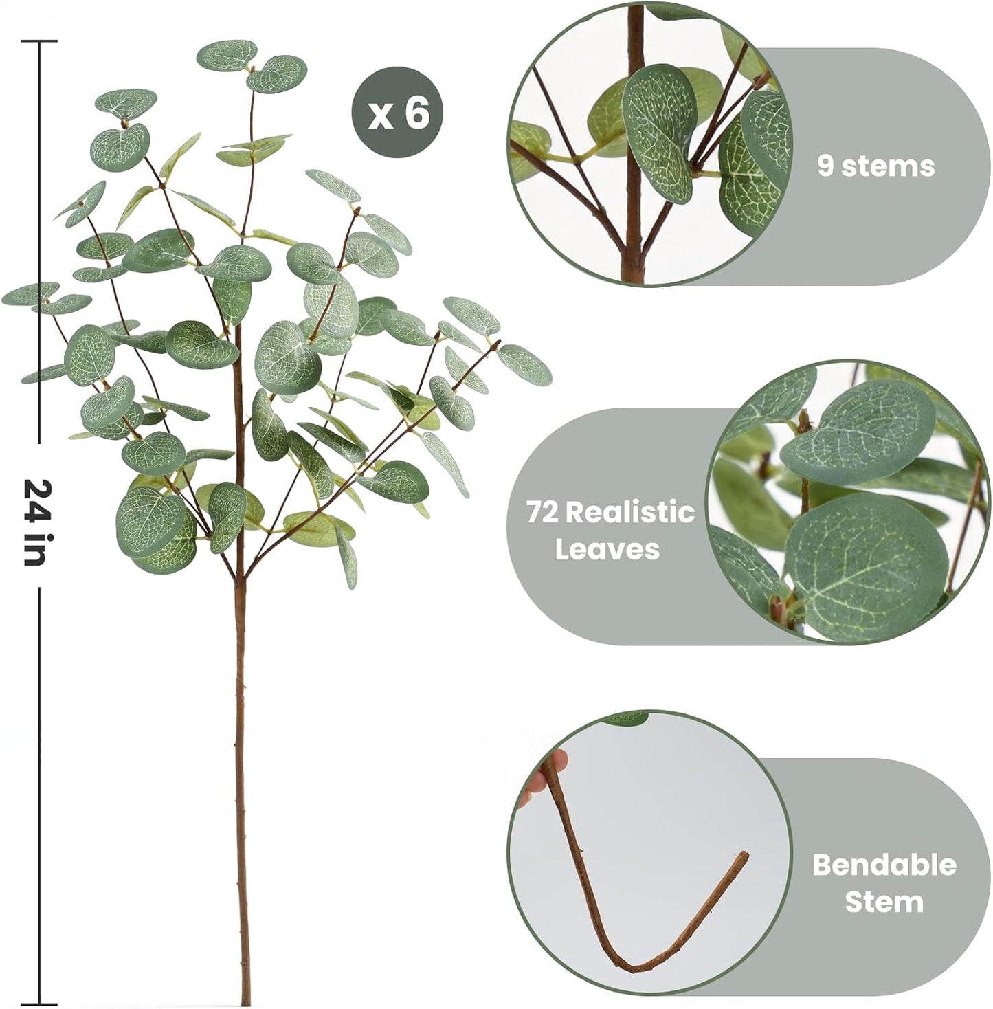 6 Bunches Artificial Eucalyptus Stems Leaves, Faux Silk Eucalyptus Artificial Flowers, Fake Green Foliage Greenery for Flower Arrangement Home Wedding Party Decoration