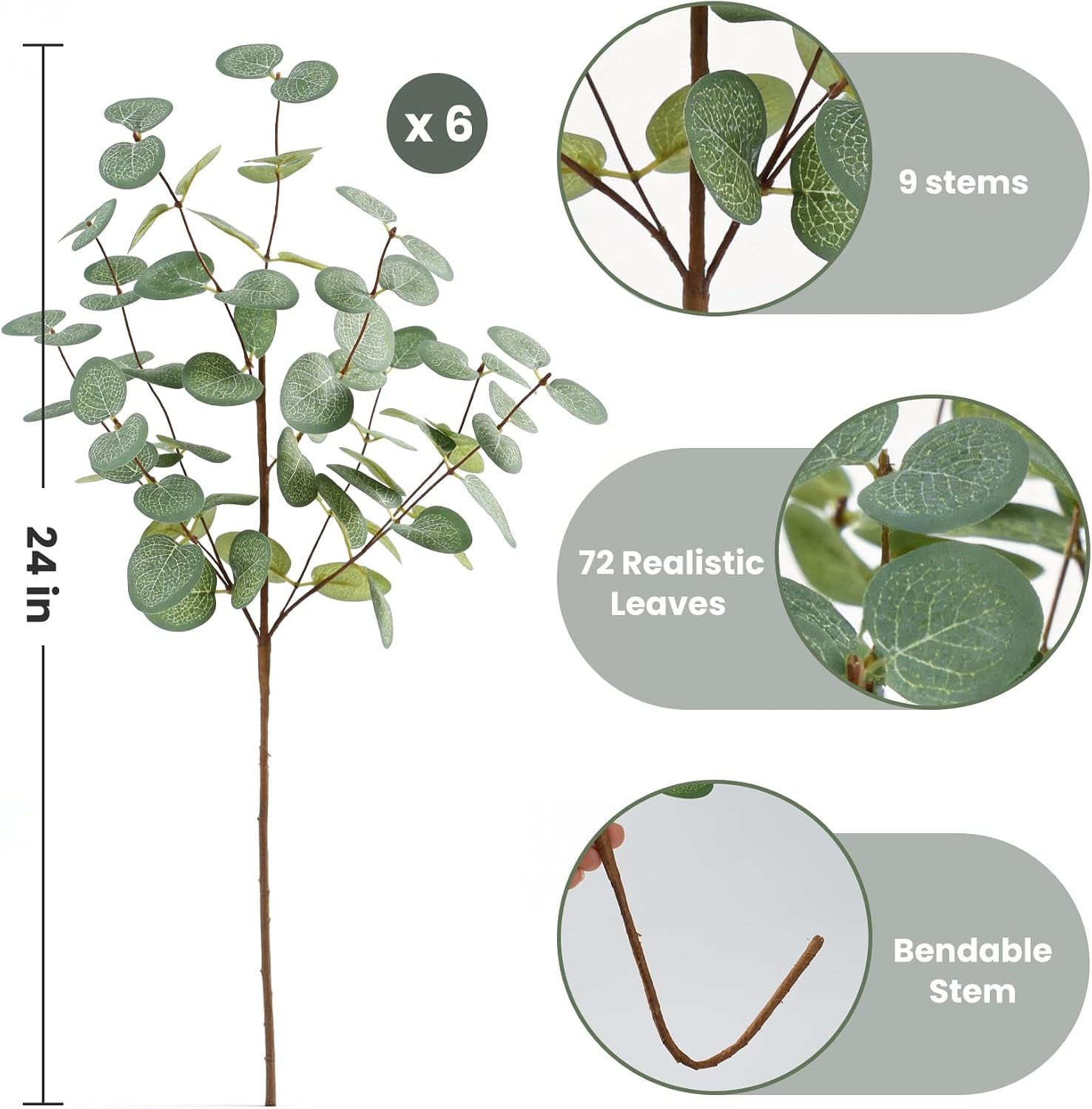 6 Bunches Artificial Eucalyptus Stems Leaves, Faux Silk Eucalyptus Artificial Flowers, Fake Green Foliage Greenery for Flower Arrangement Home Wedding Party Decoration