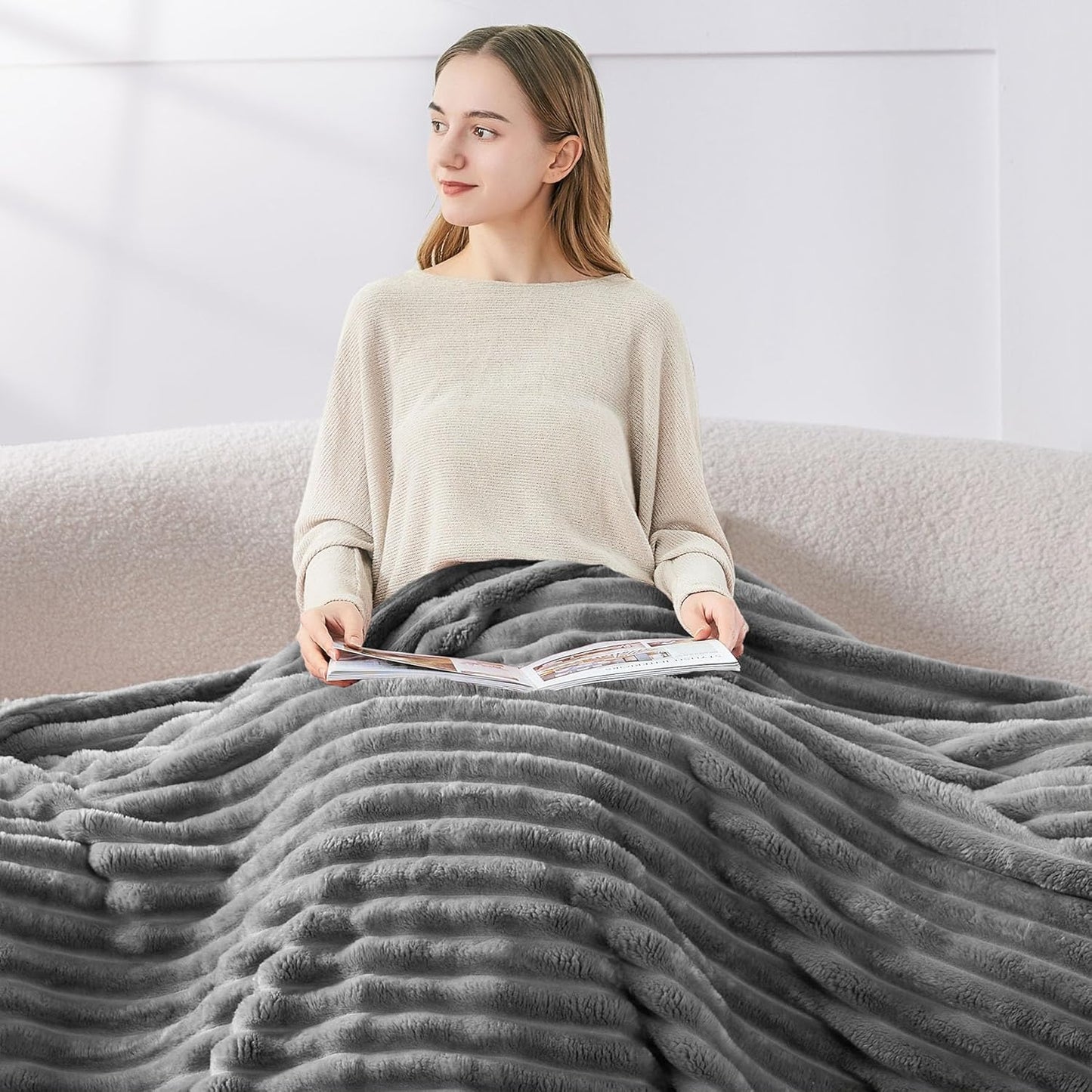 Fluffy Fleece Throw Blanket, Striped Decorative Soft Warm Gift for Sofa Bed Couch, Twin Size, Grey