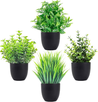 4Pcs Fake Plants Pots, Small Artificial Plants Indoor Outdoor, Desk Plants Mini Plant Pots for Desktop, Bathroom, Home Decor, 4 Different Shaped Plastic Plants