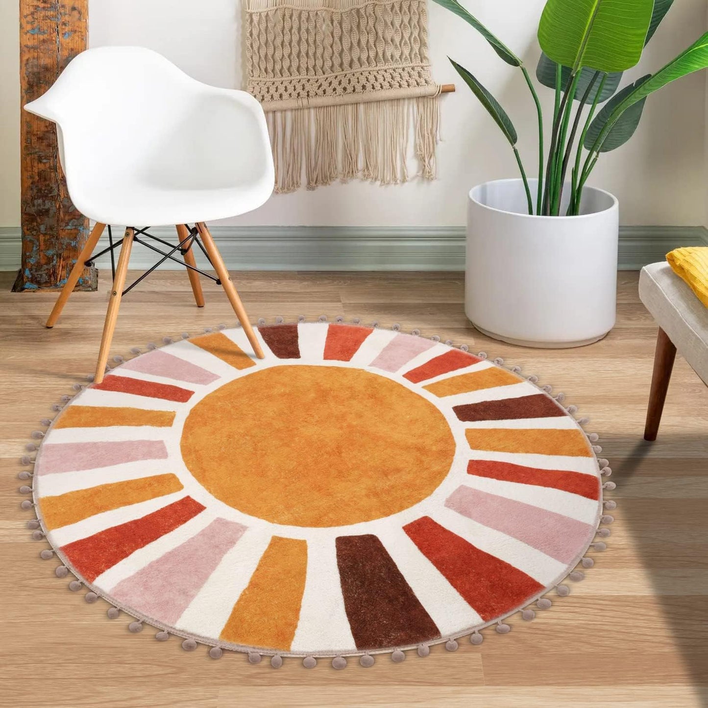 Retro Sun round Rug 90Cm, Non Slip Area Rugs for Bedroom Soft Machine Washable Rugs Living Room Indoor Door Mat with Pom Poms Fringe Circle Entryway Rug for Bedroom Living Dining Room