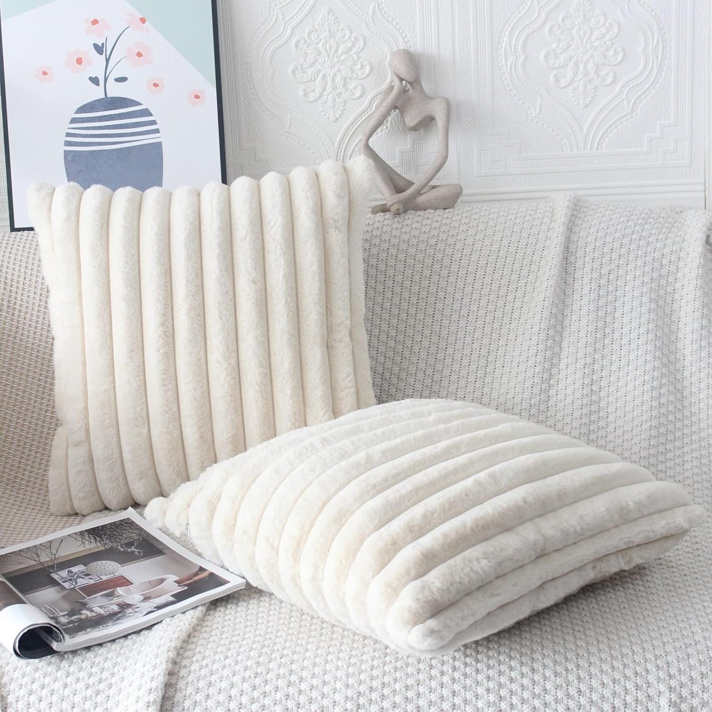 Beige Cushion Covers 45 X 45 Fluffy Faux Fur Cushion Covers 18X18 Set of 2 Pillow Covers Soft Plush Pillowcases for Sofa Bed Moroccan Style Home Decor Cushion Cover