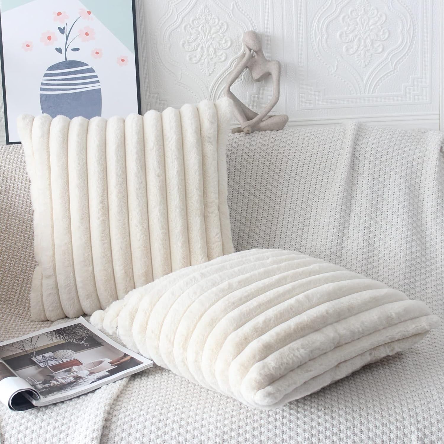 Beige Cushion Covers 45 X 45 Fluffy Faux Fur Cushion Covers 18X18 Set of 2 Pillow Covers Soft Plush Pillowcases for Sofa Bed Moroccan Style Home Decor Cushion Cover