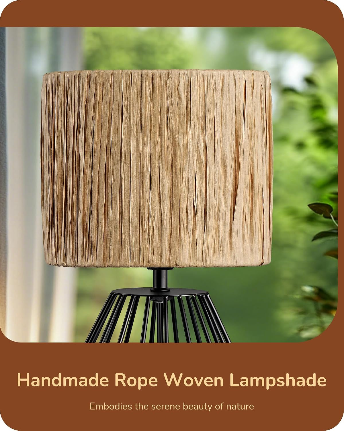 Small Rattan Table Lamp, Industrial Bedside Lamp, Handwoven Lampshade, Boho Lamps for Living Room, Bedroom, 2700K LED Bulb Included, Wrinkled Lampshade