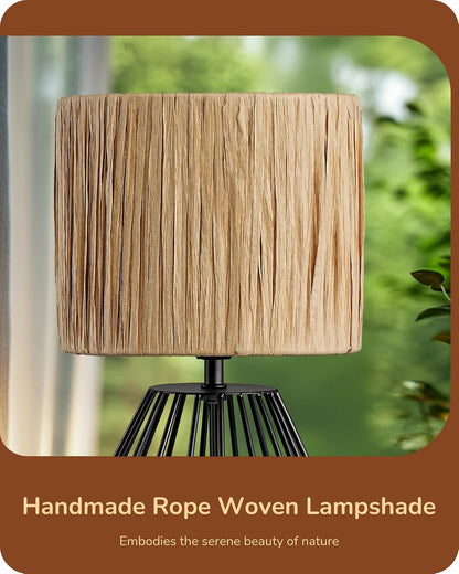 Small Rattan Table Lamp, Industrial Bedside Lamp, Handwoven Lampshade, Boho Lamps for Living Room, Bedroom, 2700K LED Bulb Included, Wrinkled Lampshade