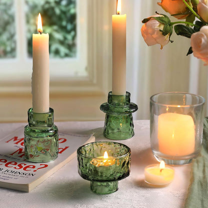 6 Packs Taper Candle Holders, Green Glass Candlestick Holders, Candle Sticks Tea Light Candle Holders for Dinner Wedding Christmas Table Centrepiece