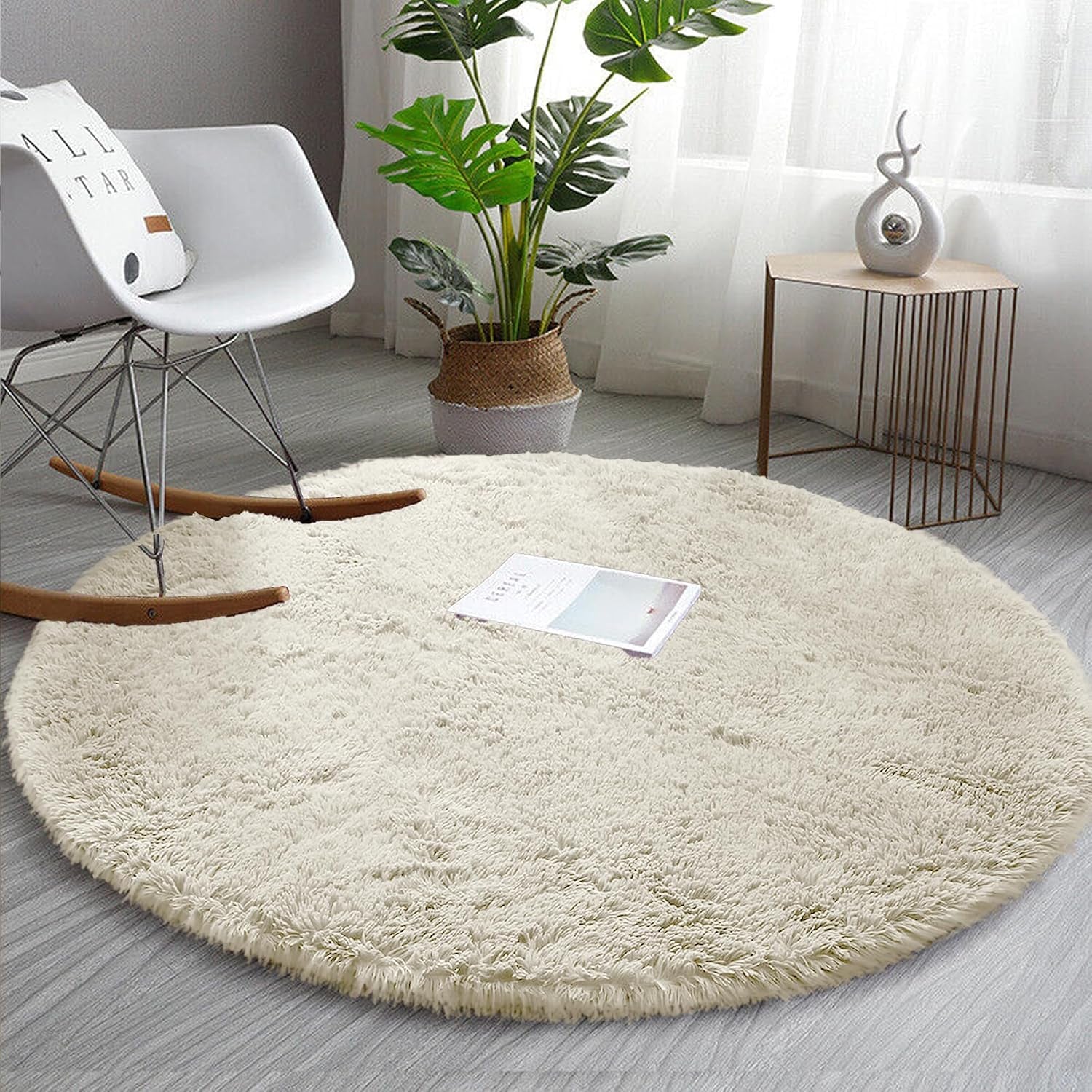 round Cream Shaggy Rug 120X120 Cm Fluffy Soft Non Slip Circle Area Rug Nursery Kids Room Non-Shedding