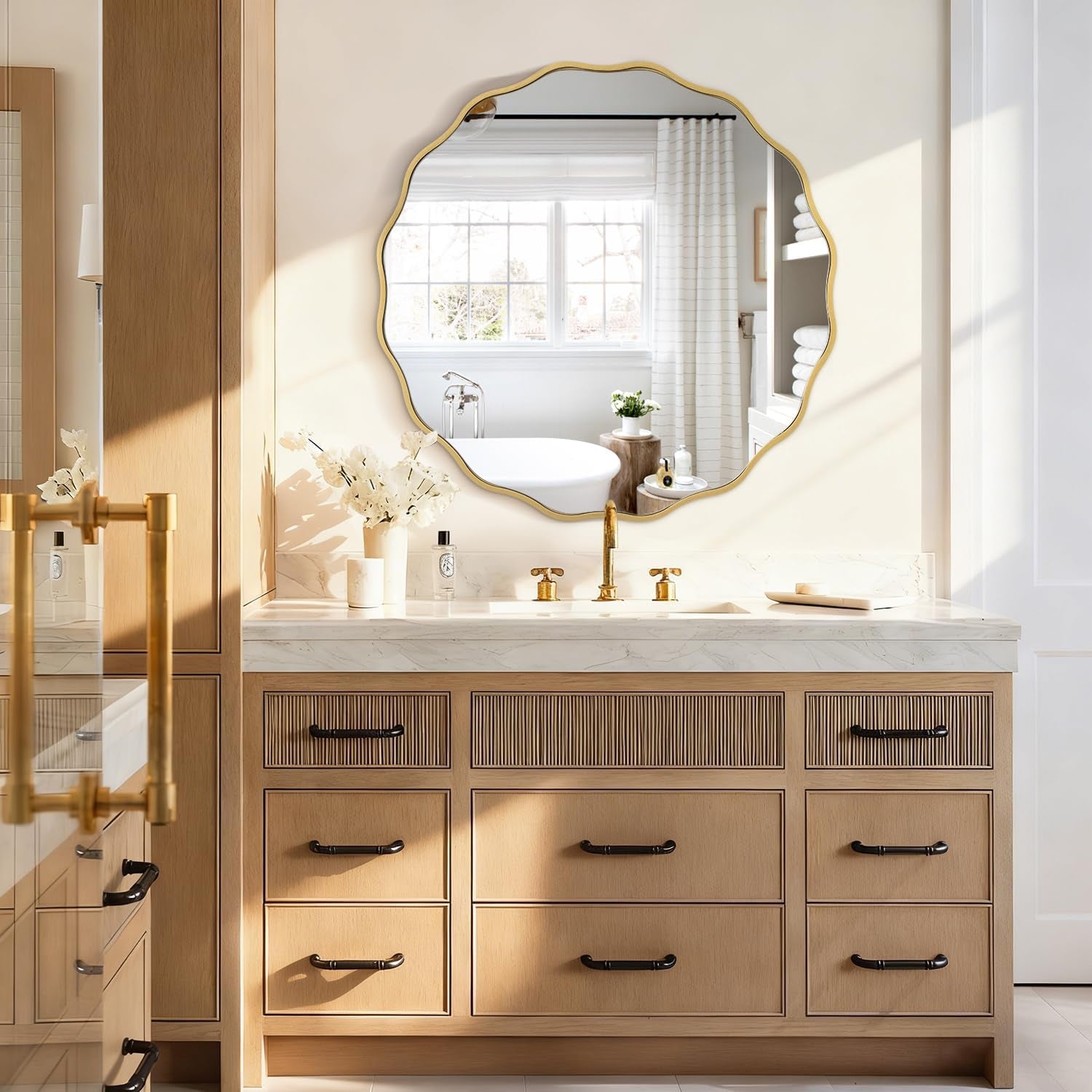 Gold Mirrors with Wavy Framed Wooden round Wall Mirror Home Decor 60Cm for Bedroom Living Room Entryway Bathroom