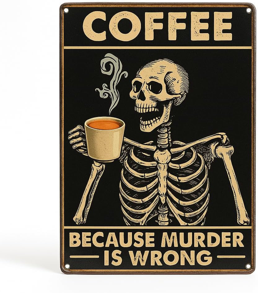 Vintage Style Metal Coffee Sign 30 X 20 Cm - Skeleton Coffee Mug Wall Plaque, COFFEE Because Murder Is Wrong Funny Retro Tin Wall Art for Kitchen Cafe Bar Home Office Man Cave, Gift for Coffee Lovers