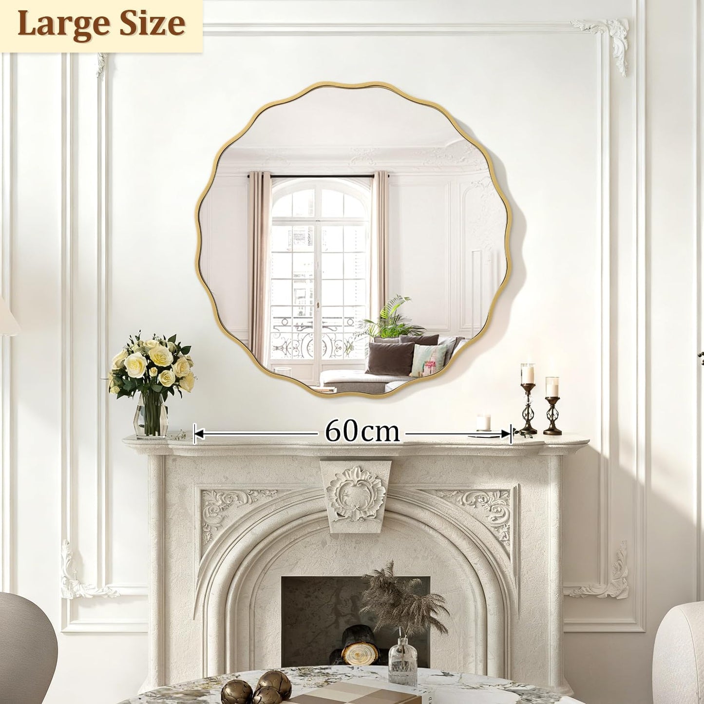 Gold Mirrors with Wavy Framed Wooden round Wall Mirror Home Decor 60Cm for Bedroom Living Room Entryway Bathroom