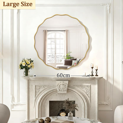 Gold Mirrors with Wavy Framed Wooden round Wall Mirror Home Decor 60Cm for Bedroom Living Room Entryway Bathroom