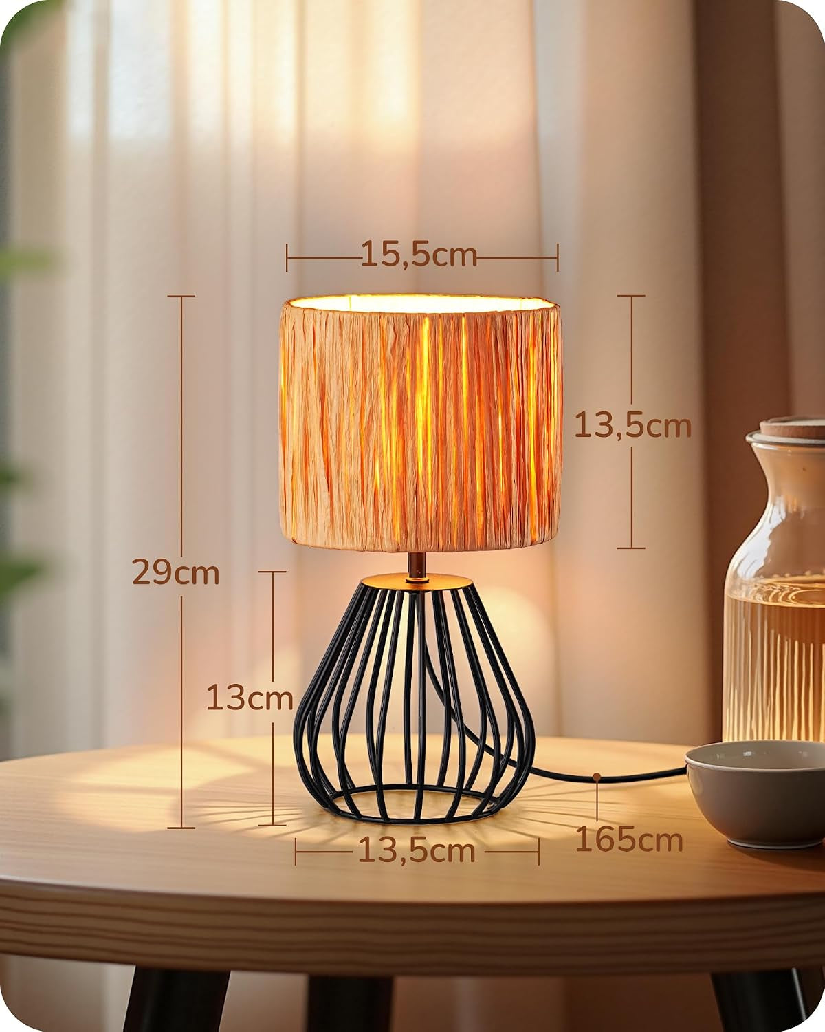 Small Rattan Table Lamp, Industrial Bedside Lamp, Handwoven Lampshade, Boho Lamps for Living Room, Bedroom, 2700K LED Bulb Included, Wrinkled Lampshade