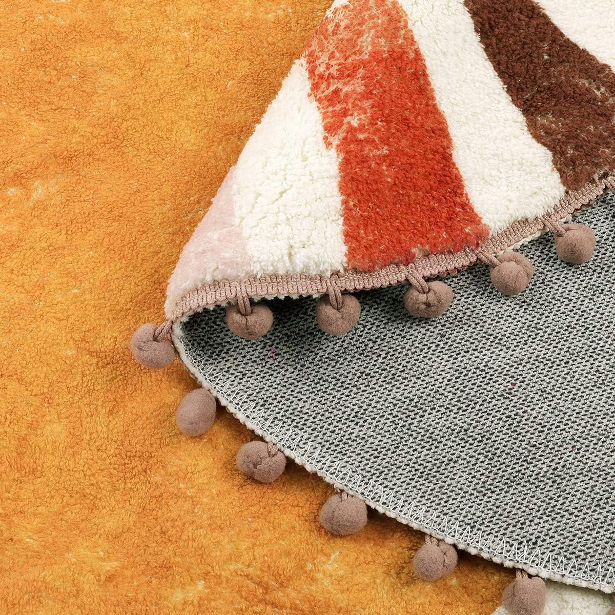 Retro Sun round Rug 90Cm, Non Slip Area Rugs for Bedroom Soft Machine Washable Rugs Living Room Indoor Door Mat with Pom Poms Fringe Circle Entryway Rug for Bedroom Living Dining Room