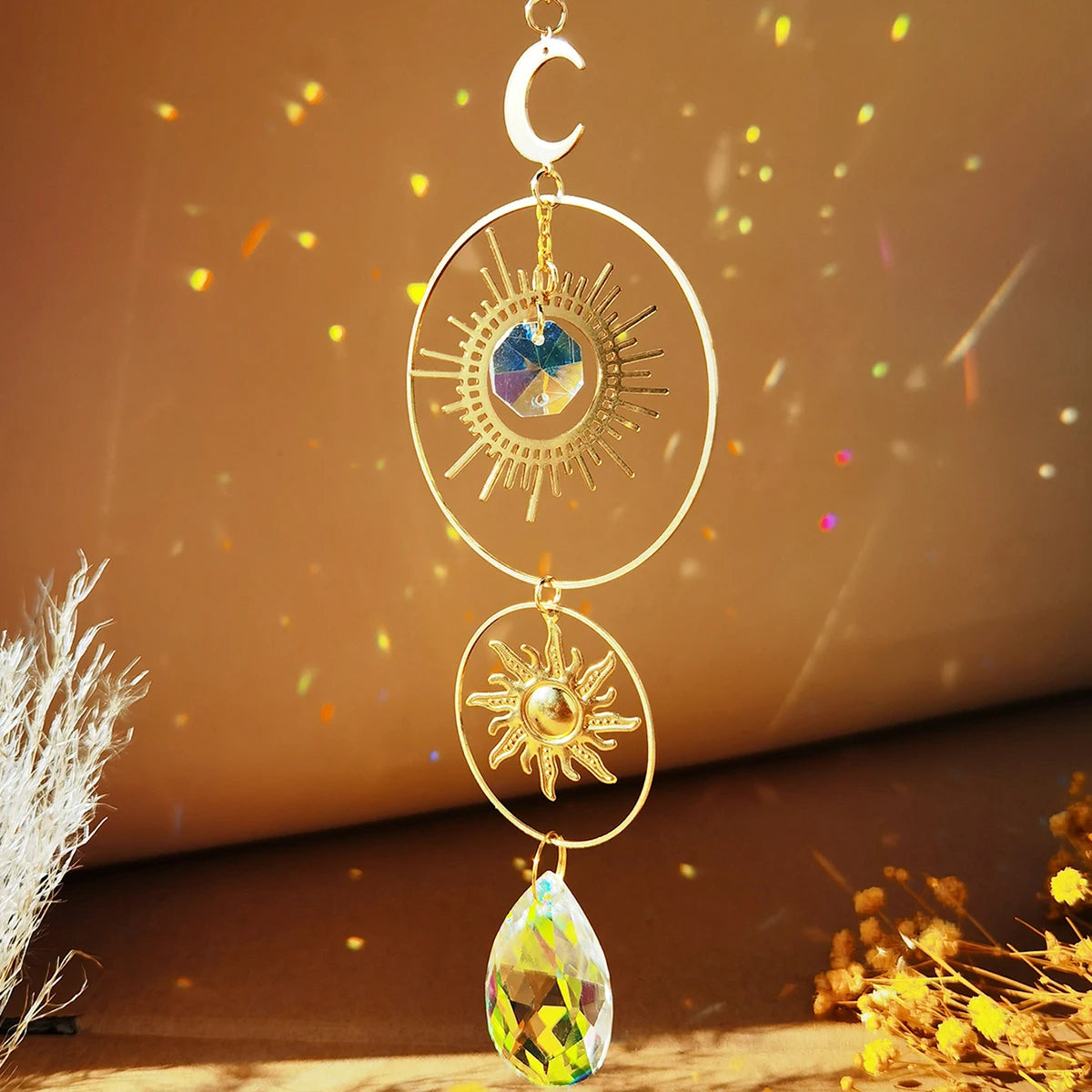Lotus Sun Catcher Crystals Rainbow Hanging Suncatcher Chakra Light Catcher Stained Glass Prism Window Outdoor Garden Decoration