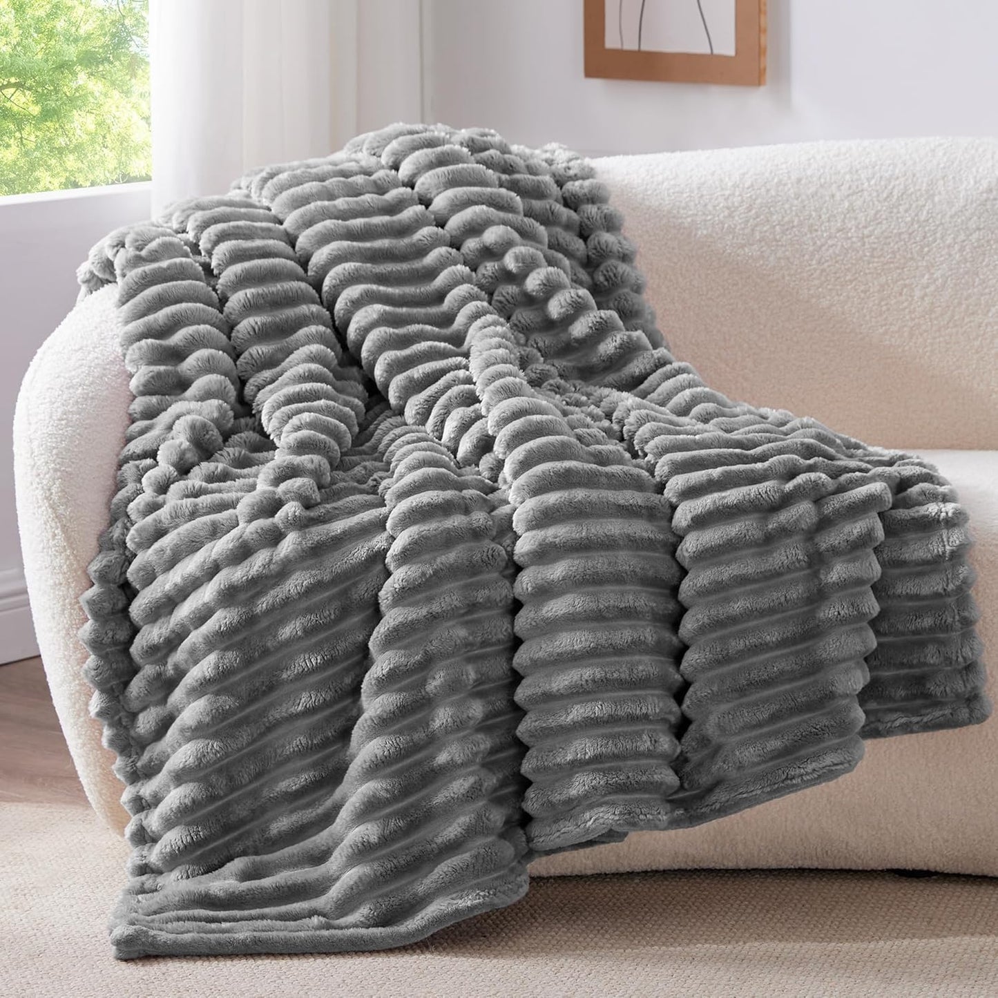 Fluffy Fleece Throw Blanket, Striped Decorative Soft Warm Gift for Sofa Bed Couch, Twin Size, Grey