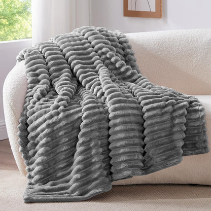 Fluffy Fleece Throw Blanket, Striped Decorative Soft Warm Gift for Sofa Bed Couch, Twin Size, Grey