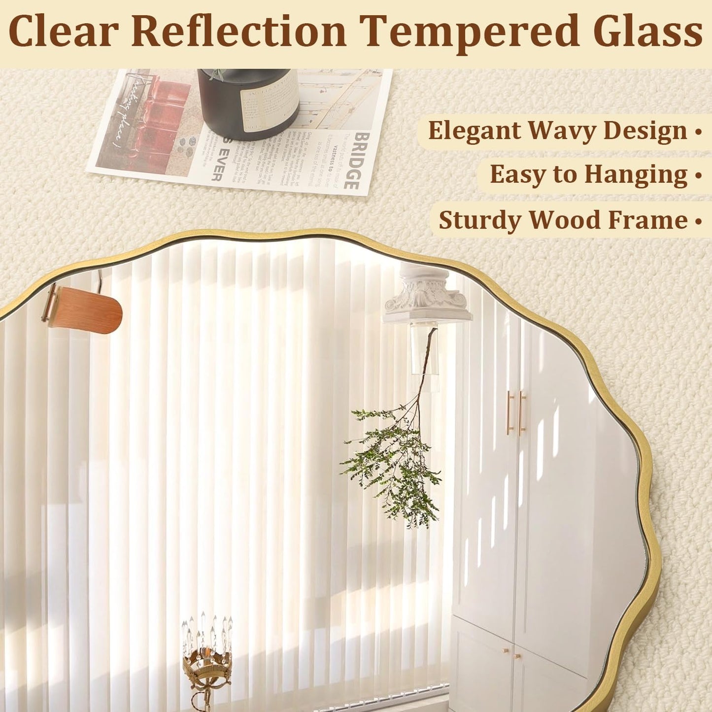 Gold Mirrors with Wavy Framed Wooden round Wall Mirror Home Decor 60Cm for Bedroom Living Room Entryway Bathroom