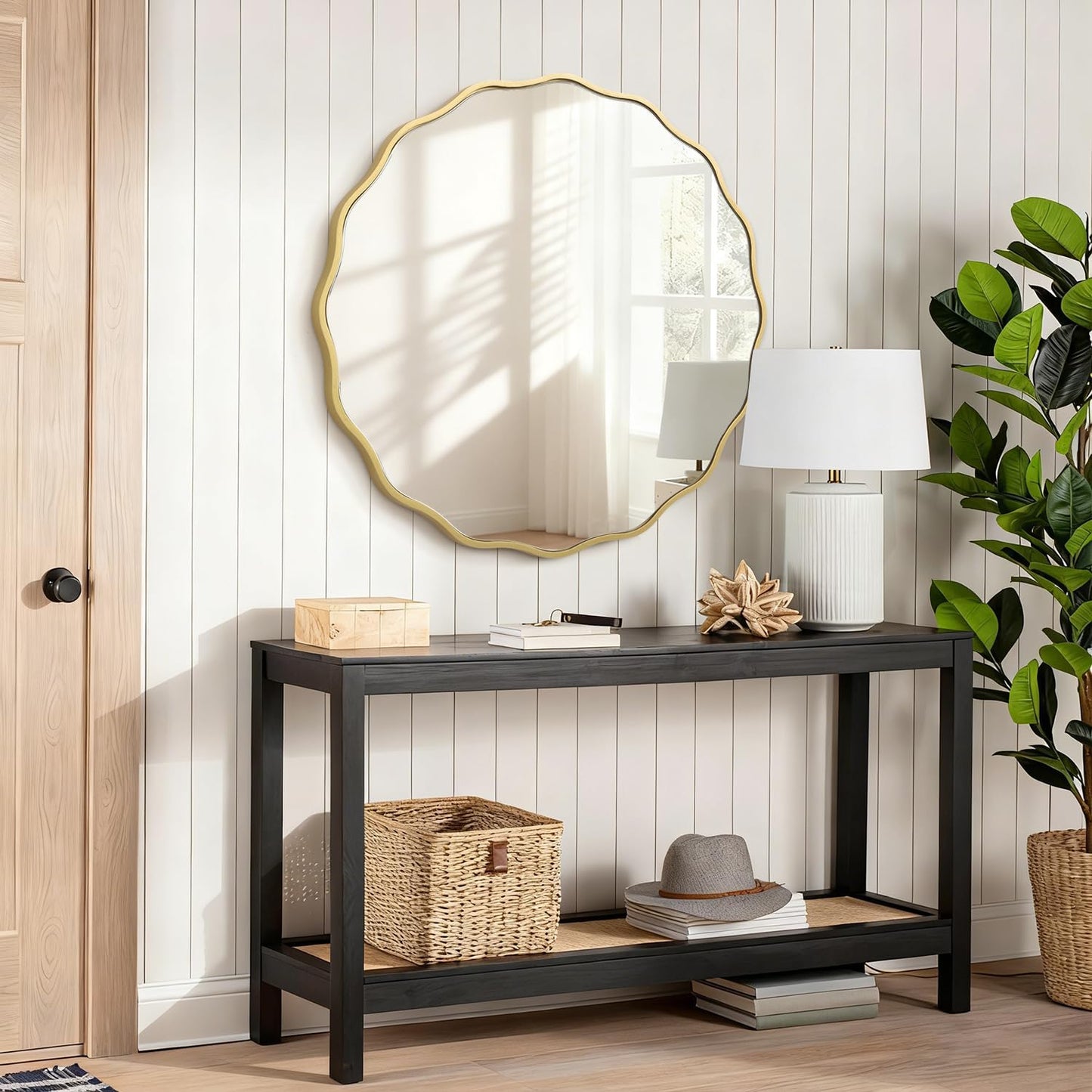 Gold Mirrors with Wavy Framed Wooden round Wall Mirror Home Decor 60Cm for Bedroom Living Room Entryway Bathroom