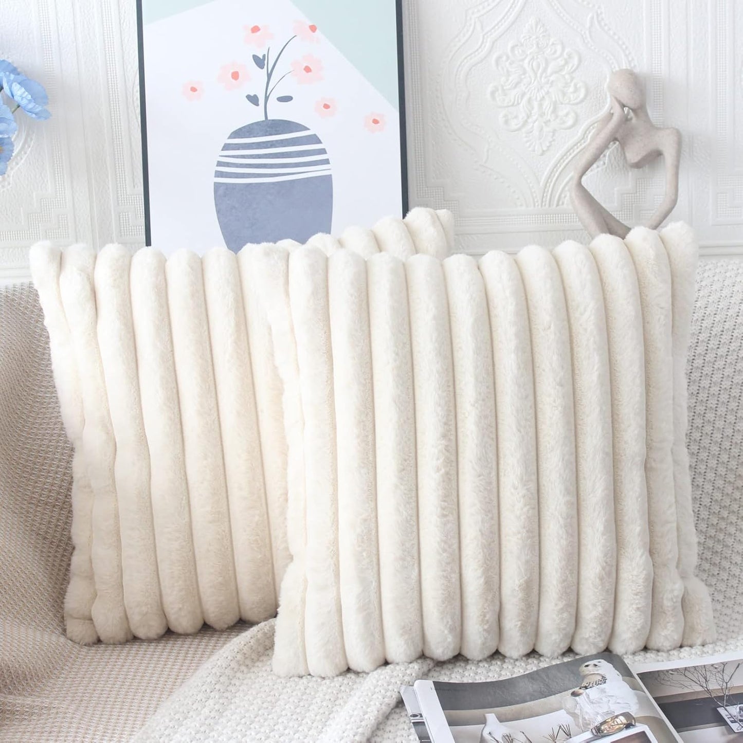 Beige Cushion Covers 45 X 45 Fluffy Faux Fur Cushion Covers 18X18 Set of 2 Pillow Covers Soft Plush Pillowcases for Sofa Bed Moroccan Style Home Decor Cushion Cover