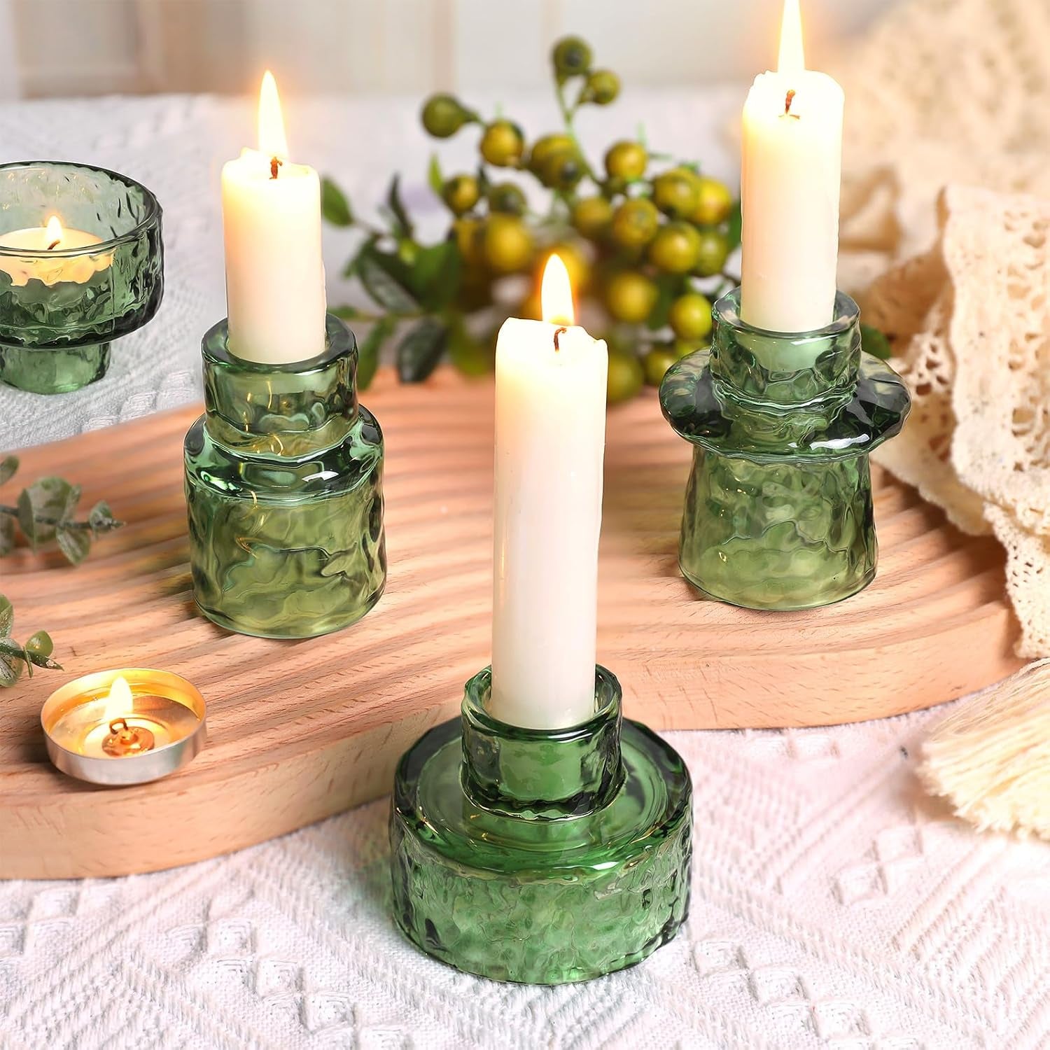 6 Packs Taper Candle Holders, Green Glass Candlestick Holders, Candle Sticks Tea Light Candle Holders for Dinner Wedding Christmas Table Centrepiece