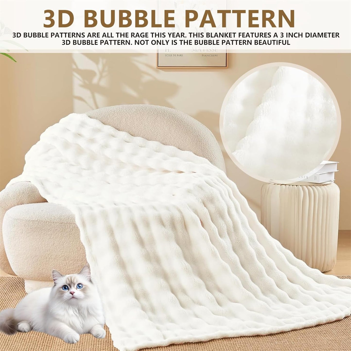 Fleece Throw Blanket White Bubble Faux Fur Fluffy Bed Blanket Super Cosy Warm Large Blanket for Bed Sofa Couch Home Decor, 100X160Cm