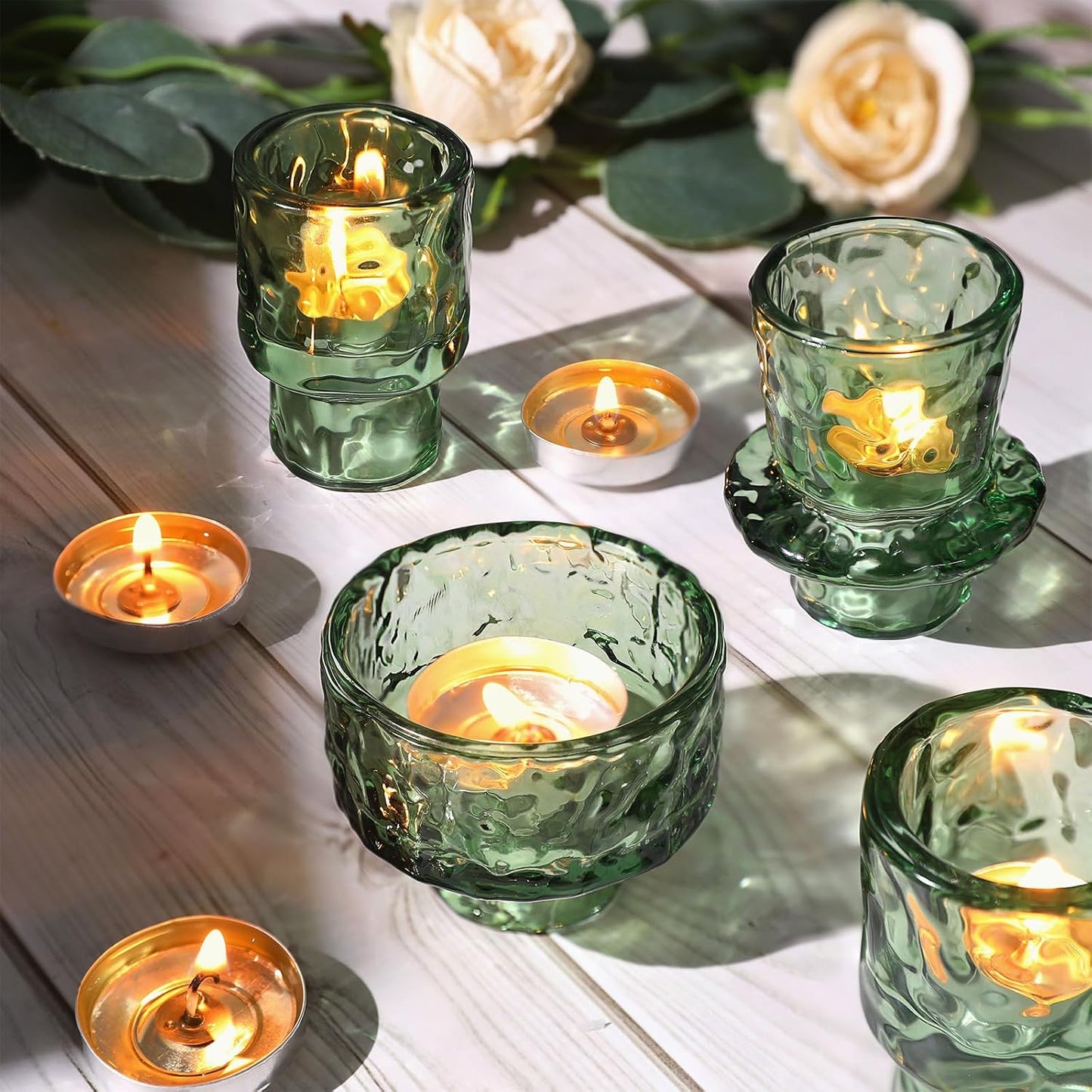 6 Packs Taper Candle Holders, Green Glass Candlestick Holders, Candle Sticks Tea Light Candle Holders for Dinner Wedding Christmas Table Centrepiece