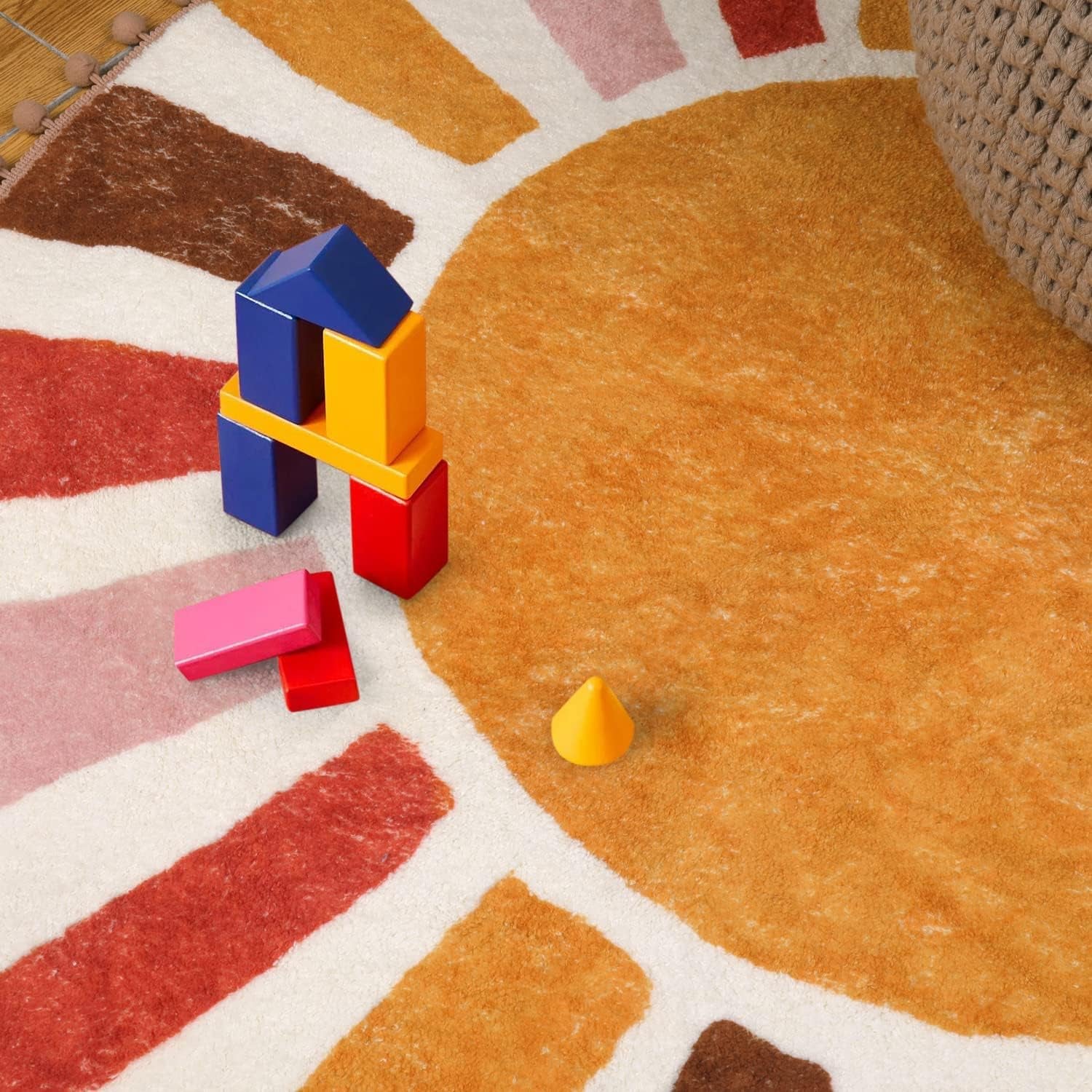 Retro Sun round Rug 90Cm, Non Slip Area Rugs for Bedroom Soft Machine Washable Rugs Living Room Indoor Door Mat with Pom Poms Fringe Circle Entryway Rug for Bedroom Living Dining Room